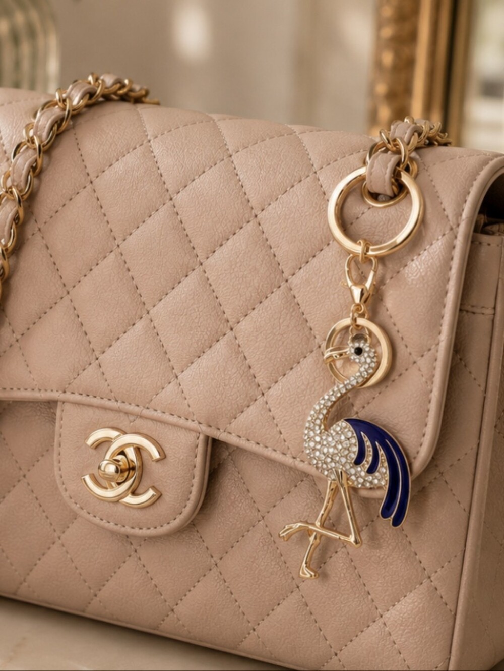 Elegant Gold and Blue Flamingo Keychain